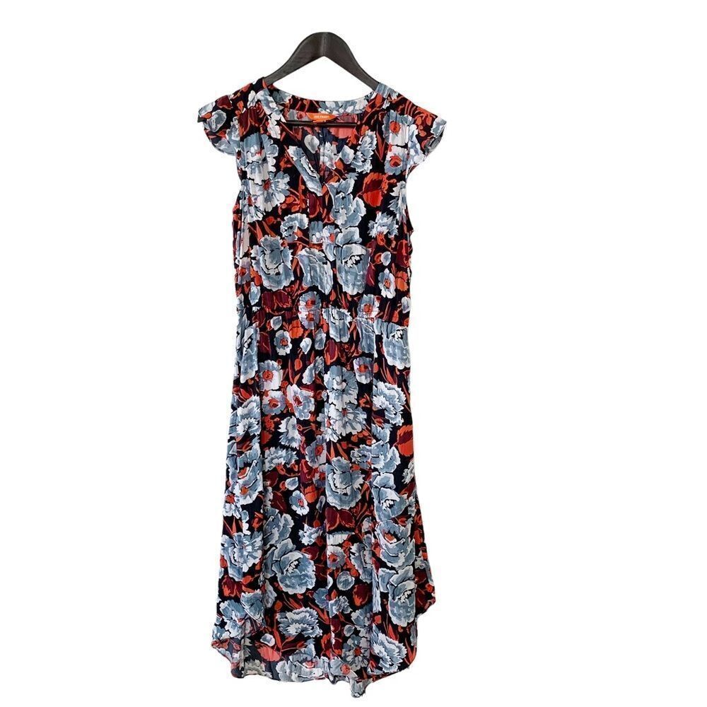 Joe Fresh Blue Red Floral Midi Dress Cottagecore Flutter Sleeve Vacation S - Picture 2 of 6